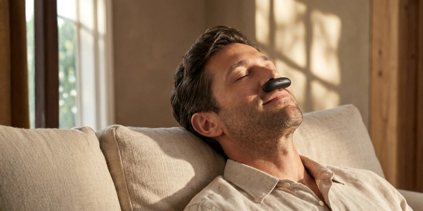 Man enjoying a calm moment with the LUMIFLUX Breathe Pro